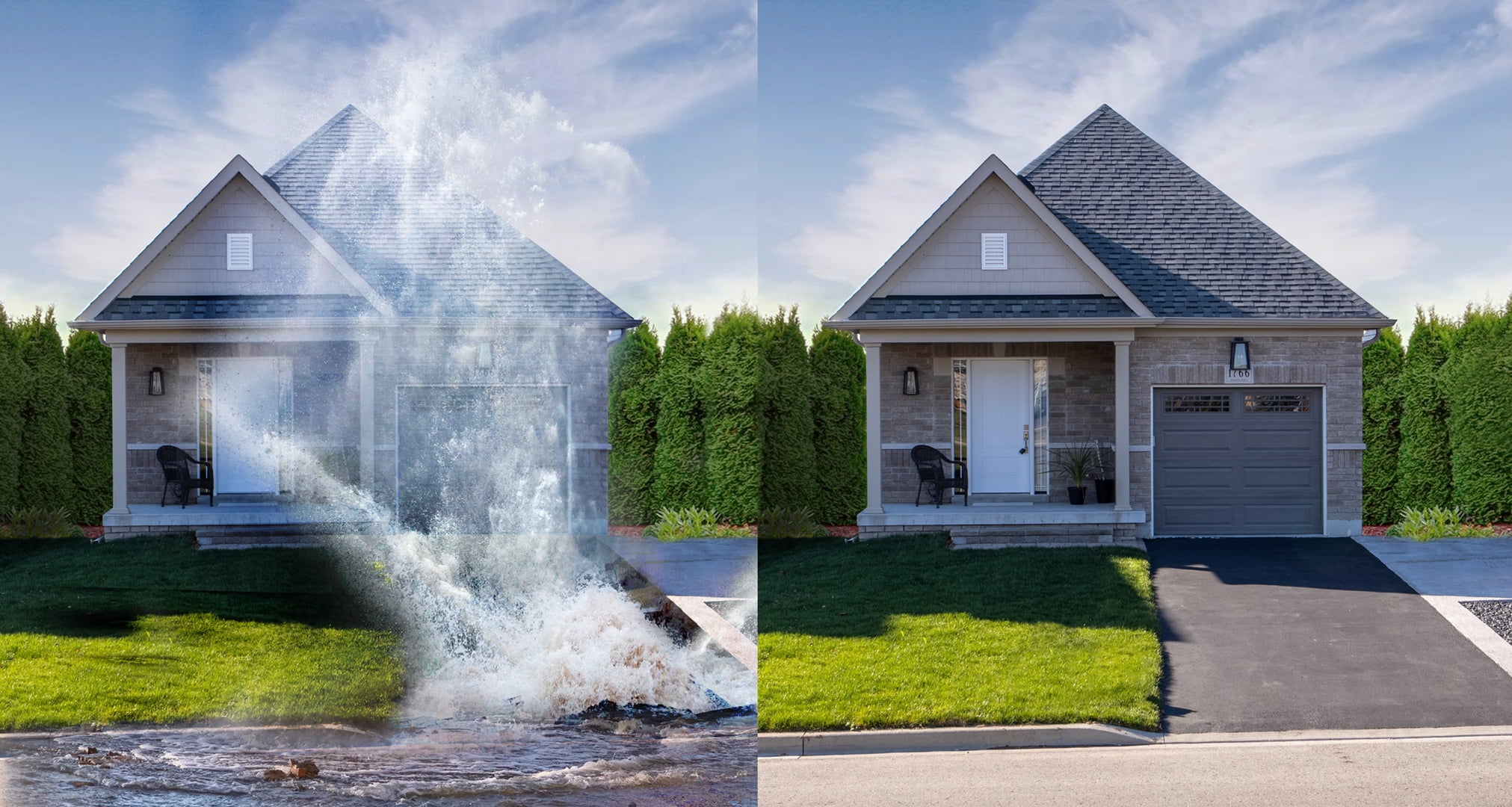 Image of a house with a water break in front it, in comparison with one with no water break