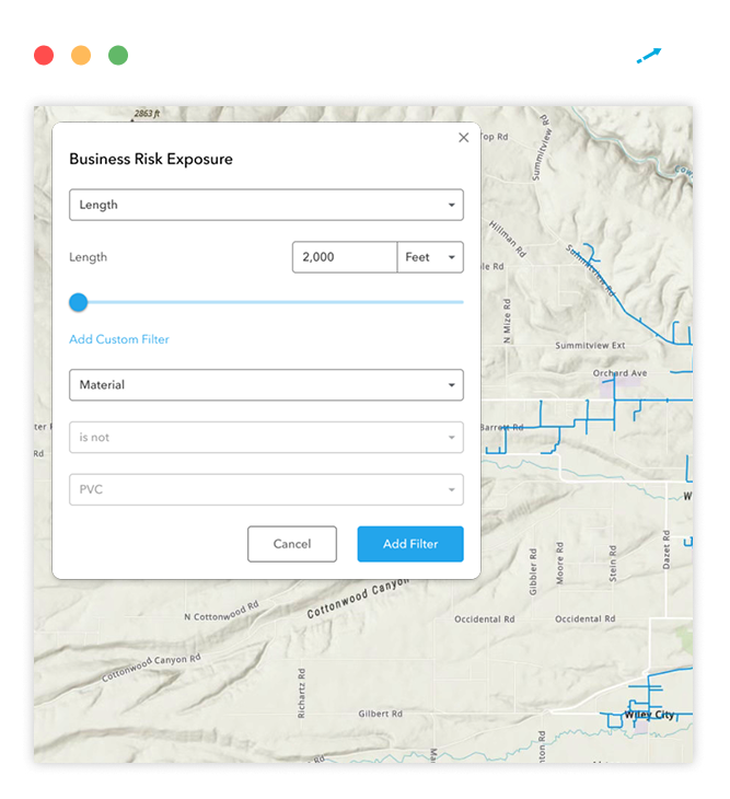 water utility software interface displaying network monitoring and analytics tools in small screen