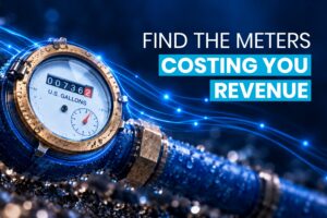 Water meter with glowing data lines and the headline "Find the meters costing you revenue."