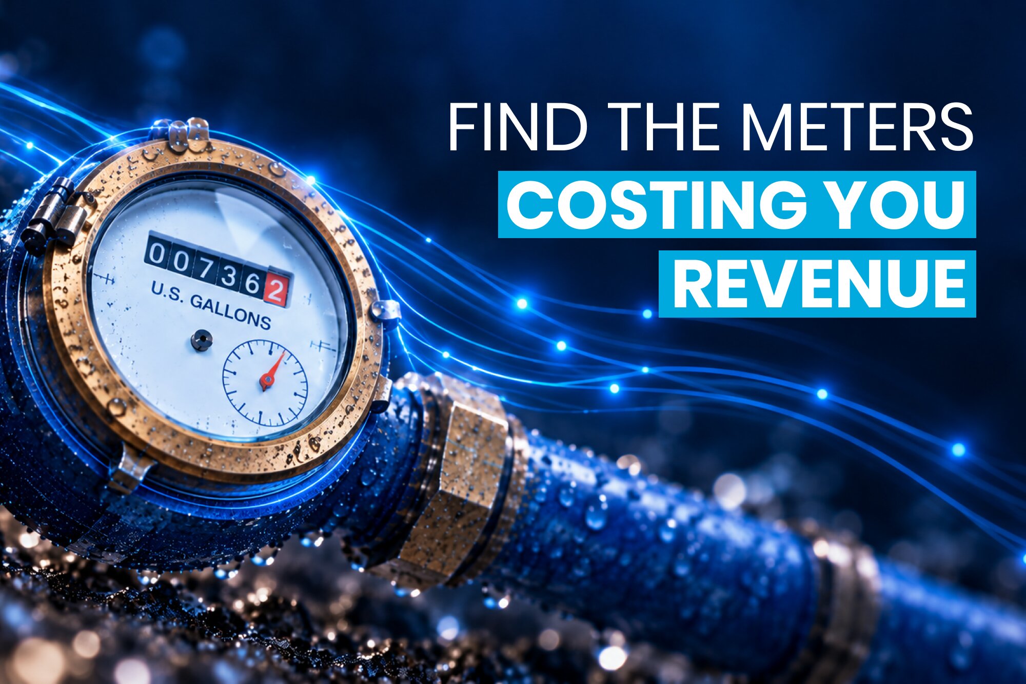 Water meter with glowing data lines and the headline "Find the meters costing you revenue."