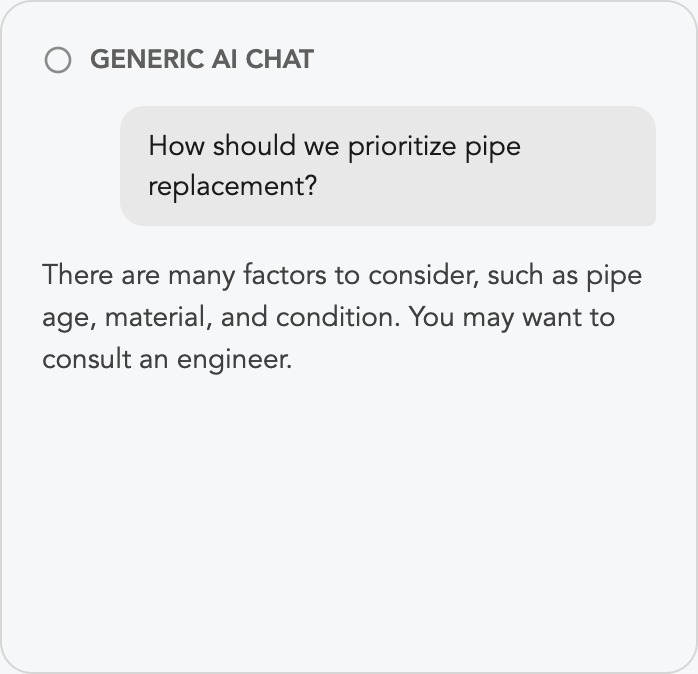 A generic AI chat giving a vague answer to: How should we prioritize pipe replacement?