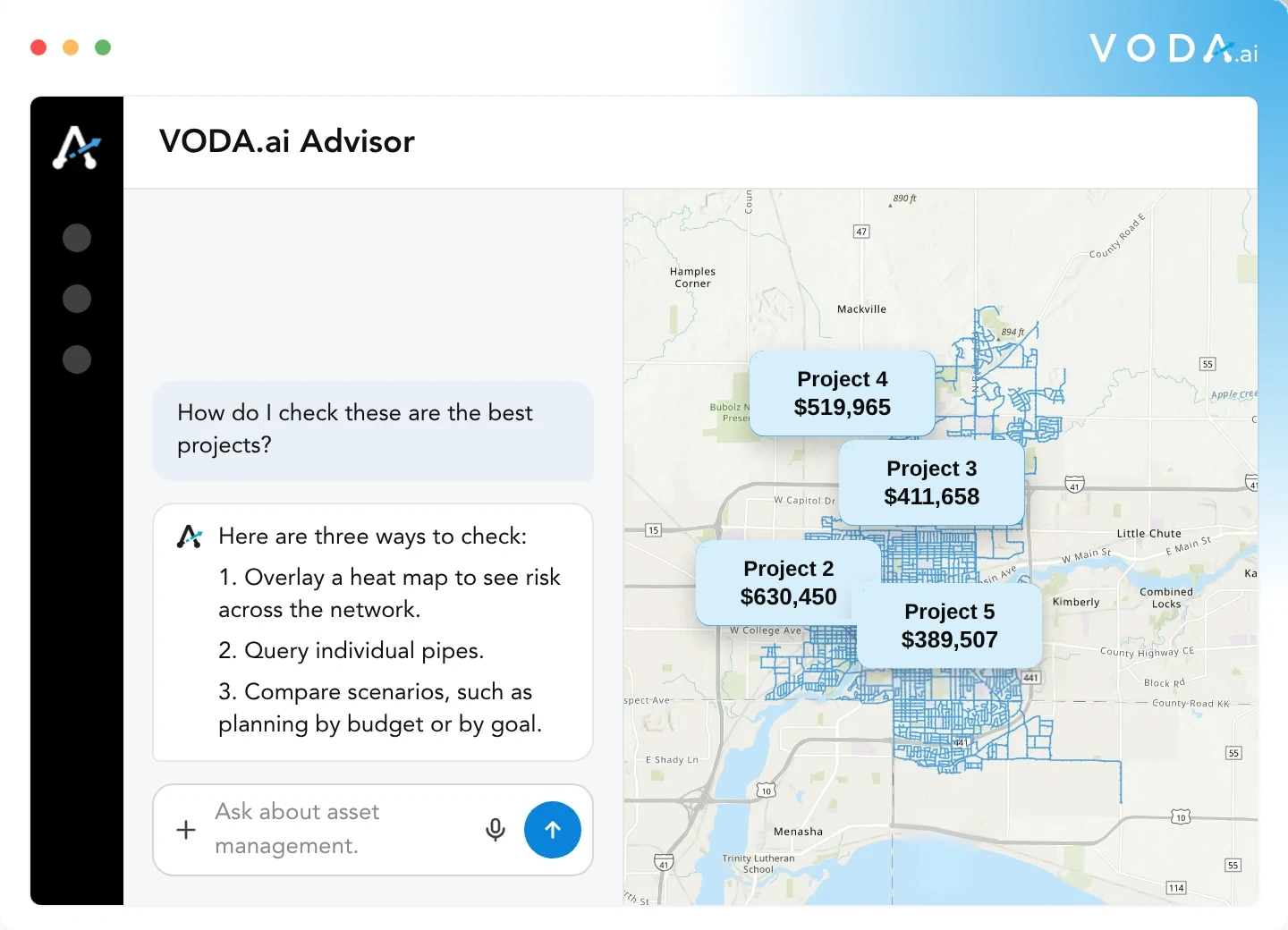 VODA.ai Advisor suggesting three ways to check replacement projects shown on the map