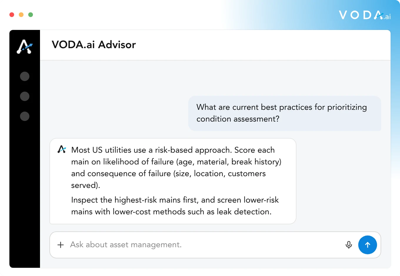 VODA.ai Advisor answering a question about best practices for prioritizing condition assessment