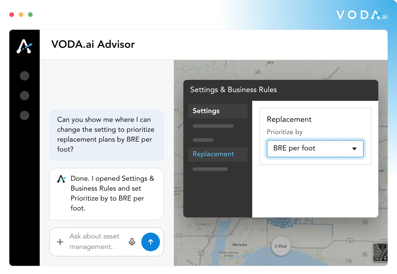 VODA.ai Advisor opening Settings & Business Rules and setting Prioritize by to BRE per foot