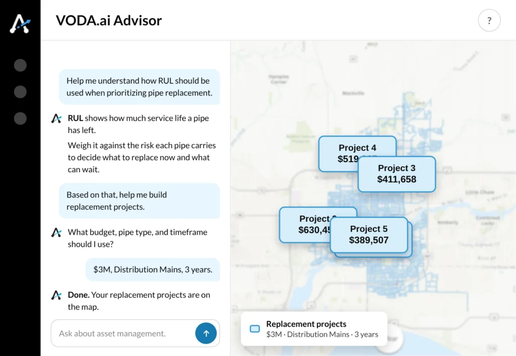 VODA.ai Advisor building replacement projects on the water network map for a $3M, 3-year plan